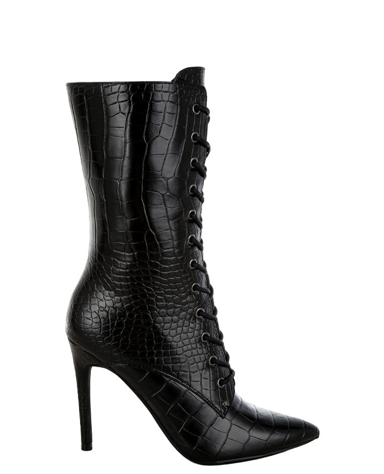 Black crocodile-patterned high-heeled boots on a white background