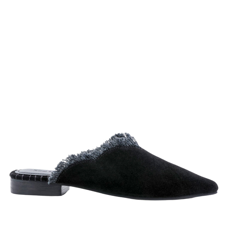Black slipper with fuzzy trim on a white background