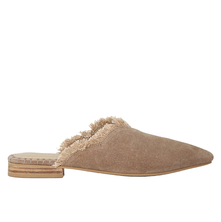 Beige slipper with fur trim on a white background