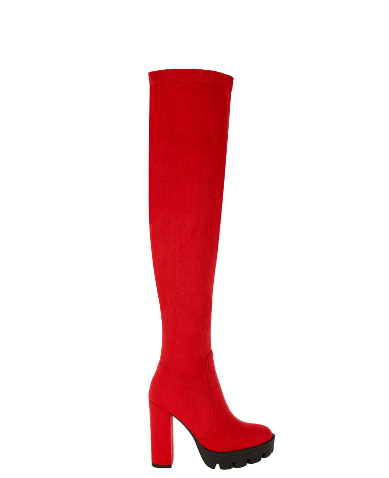 Red knee-high boot on a white background