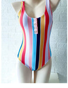 Women's Swimwear - 1PC Womens One-Piece Vertical Striped Swimsuit Orange Pink Blue Swimwear