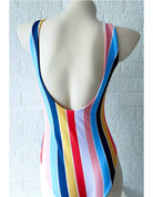 Women's Swimwear - 1PC Womens One-Piece Vertical Striped Swimsuit Orange Pink Blue Swimwear