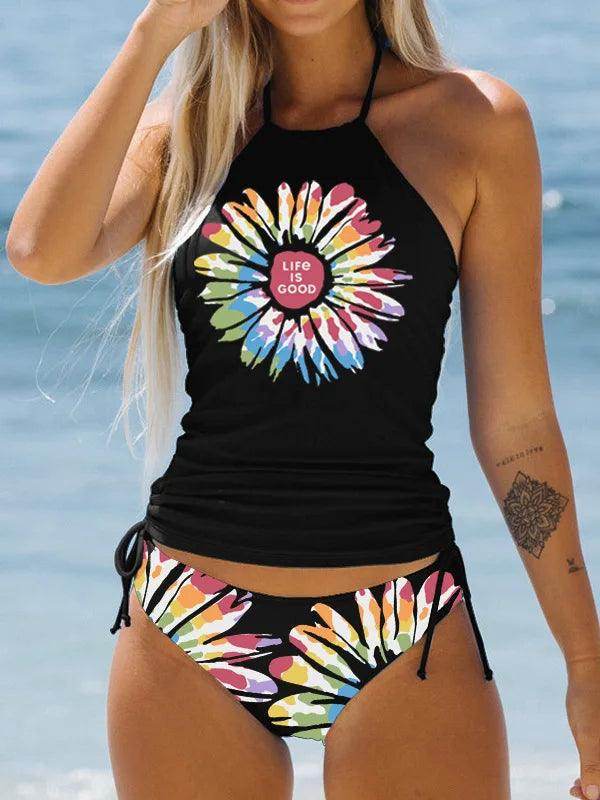 Women's Bathing Suit Drawstring Side Halter Neck Tankini - VacationGrabs