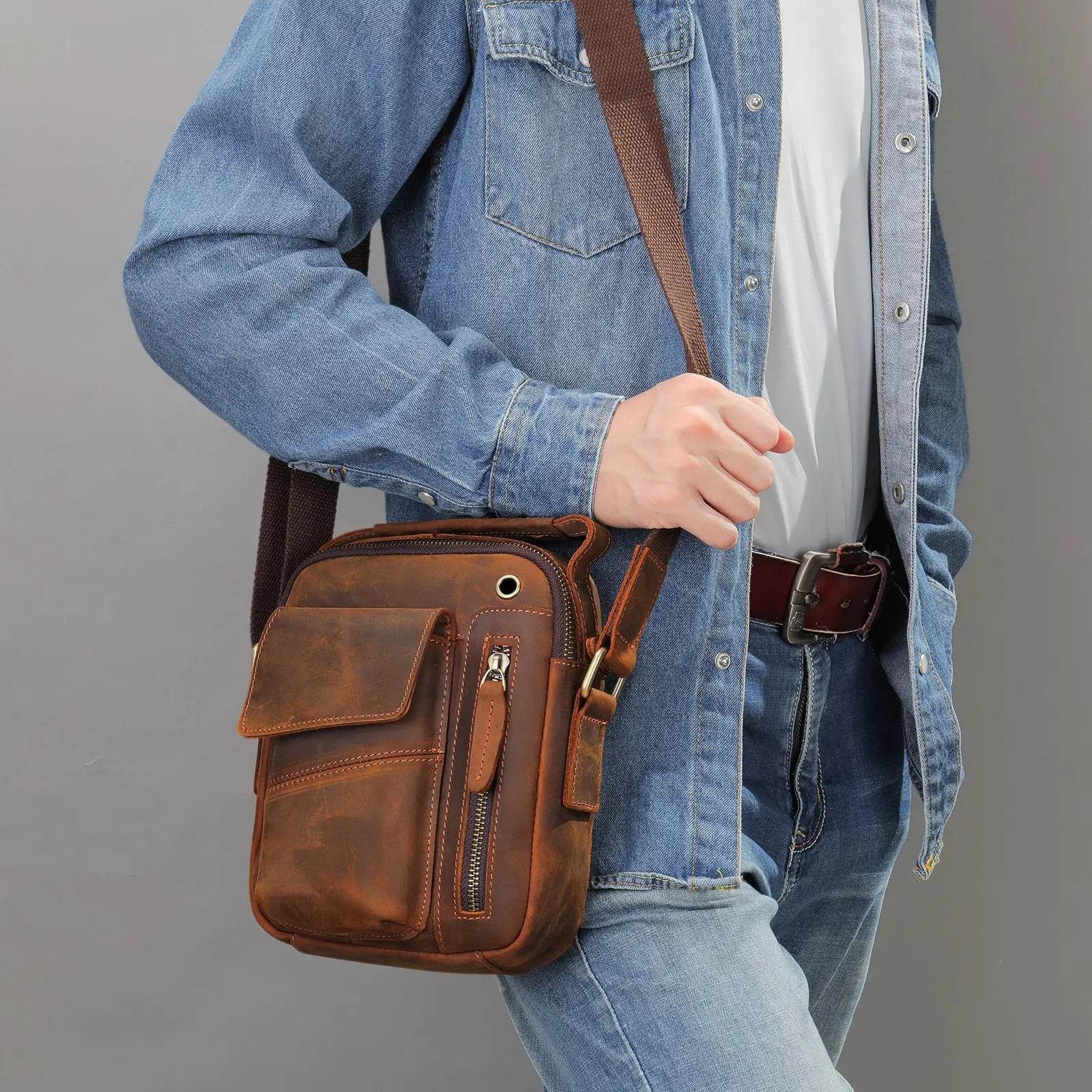 Retro Mini Leather Shoulder Bag Genuine Crossbody Sling for Men - VacationGrabs
