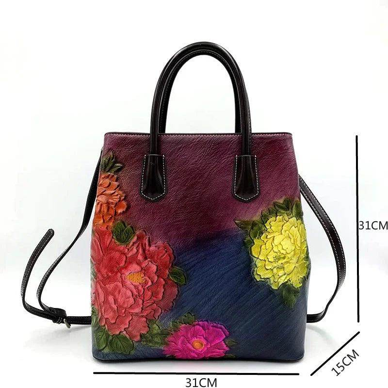 Handmade Floral Embossed Leather Handbag Tote Bag Luxury - VacationGrabs