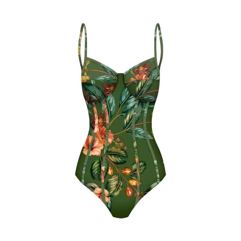 Green Floral Swimwear Womens One Piece + Cover Up - VacationGrabs