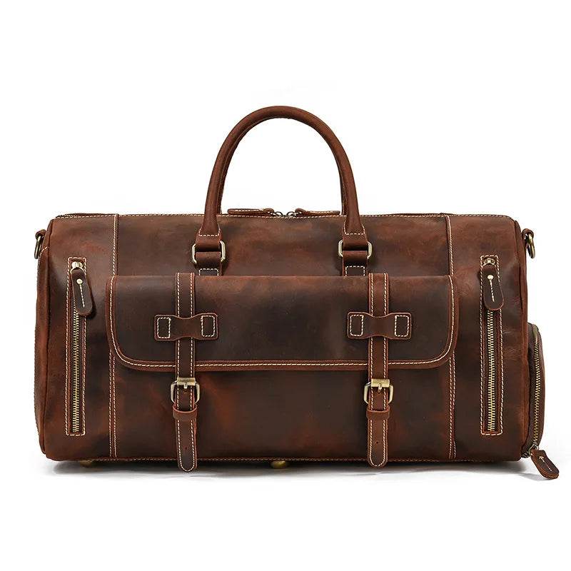 Mens Leather Shoulder Duffel Bag, Shoe Compartment, Removable Strap - VacationGrabs