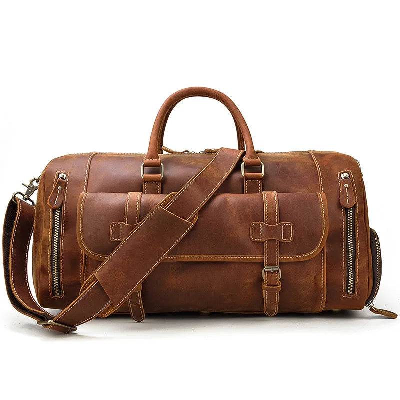Mens Leather Shoulder Duffel Bag, Shoe Compartment, Removable Strap - VacationGrabs