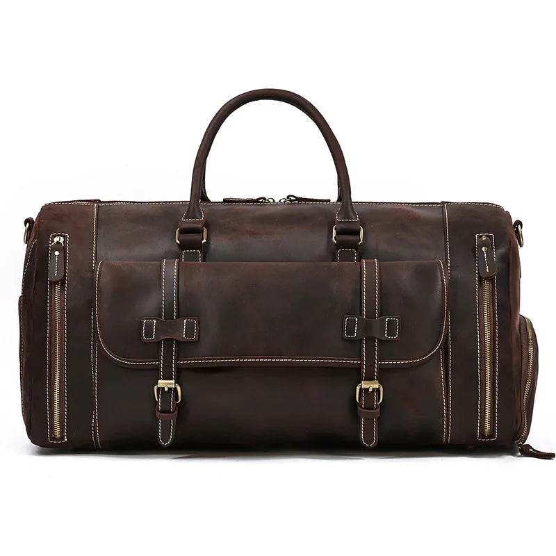 Mens Leather Shoulder Duffel Bag, Shoe Compartment, Removable Strap - VacationGrabs