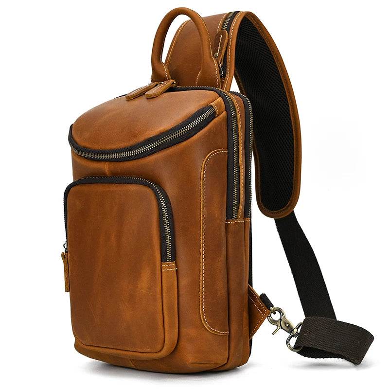 Natural Cowskin Leather Chest Pack Men Crossbody Sling Bag Large - VacationGrabs