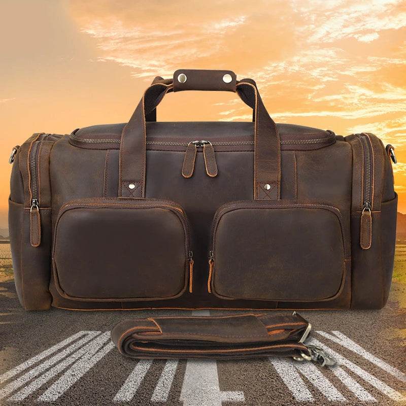 Super Large 62cm Men's Leather Duffel Travel Bag – Vintage Style - VacationGrabs
