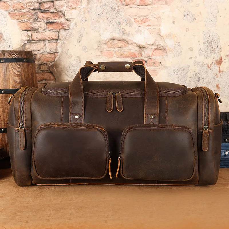 Super Large 62cm Men's Leather Duffel Travel Bag – Vintage Style - VacationGrabs