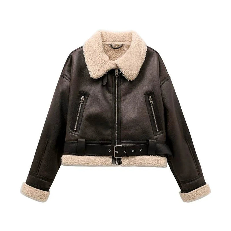 Women's Faux Shearling Vintage Jacket with Belt - VacationGrabs