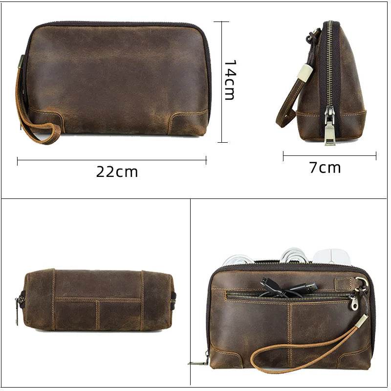 Brown Genuine Leather Clutch Bag for Travel & Toiletries - VacationGrabs