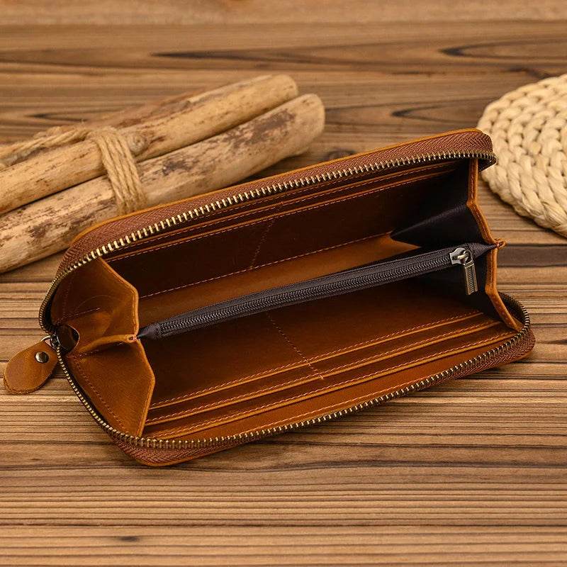 Vintage Men’s Crazy Horse Leather Single Zip Long Wallet for Phone - VacationGrabs