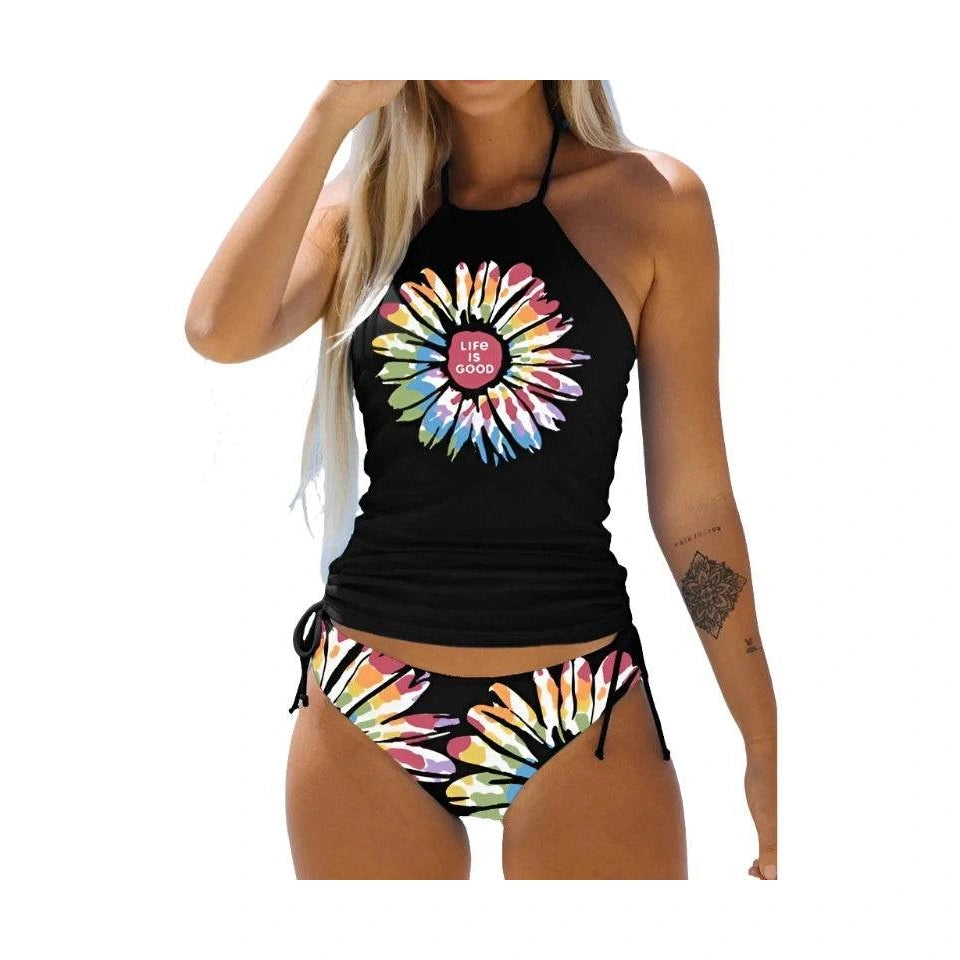 Women's Bathing Suit Drawstring Side Halter Neck Tankini - VacationGrabs