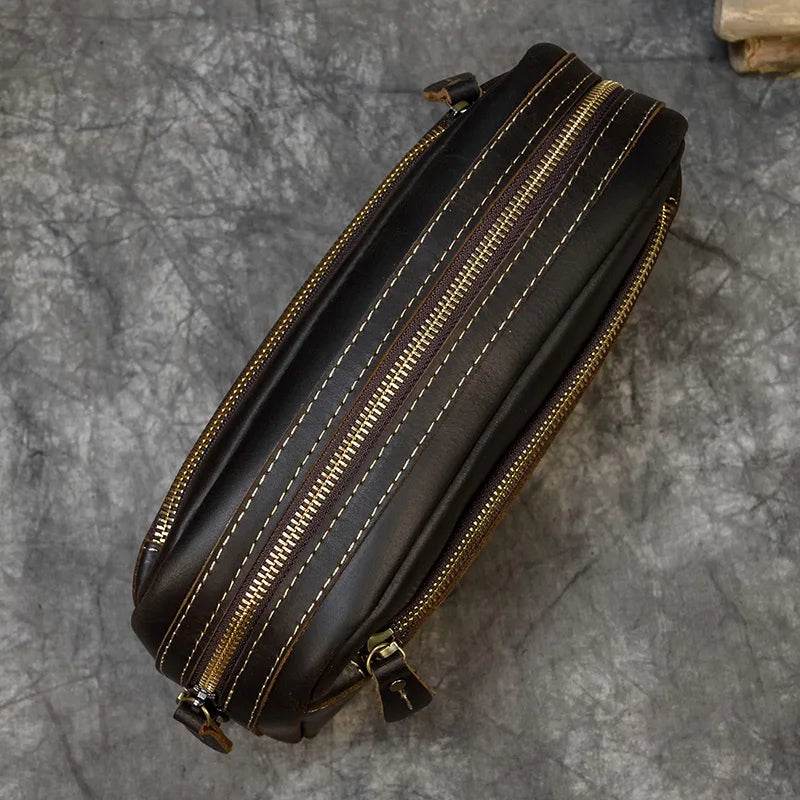 Genuine Leather Clutch Bag for Men Crazy Horse Leather Day Clutch with Wrist Strap - VacationGrabs