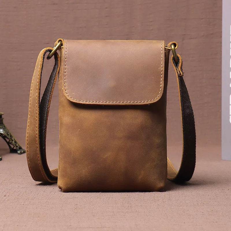 Men's Retro Leather Small Crossbody Phone Bag Cowhide Sling - VacationGrabs