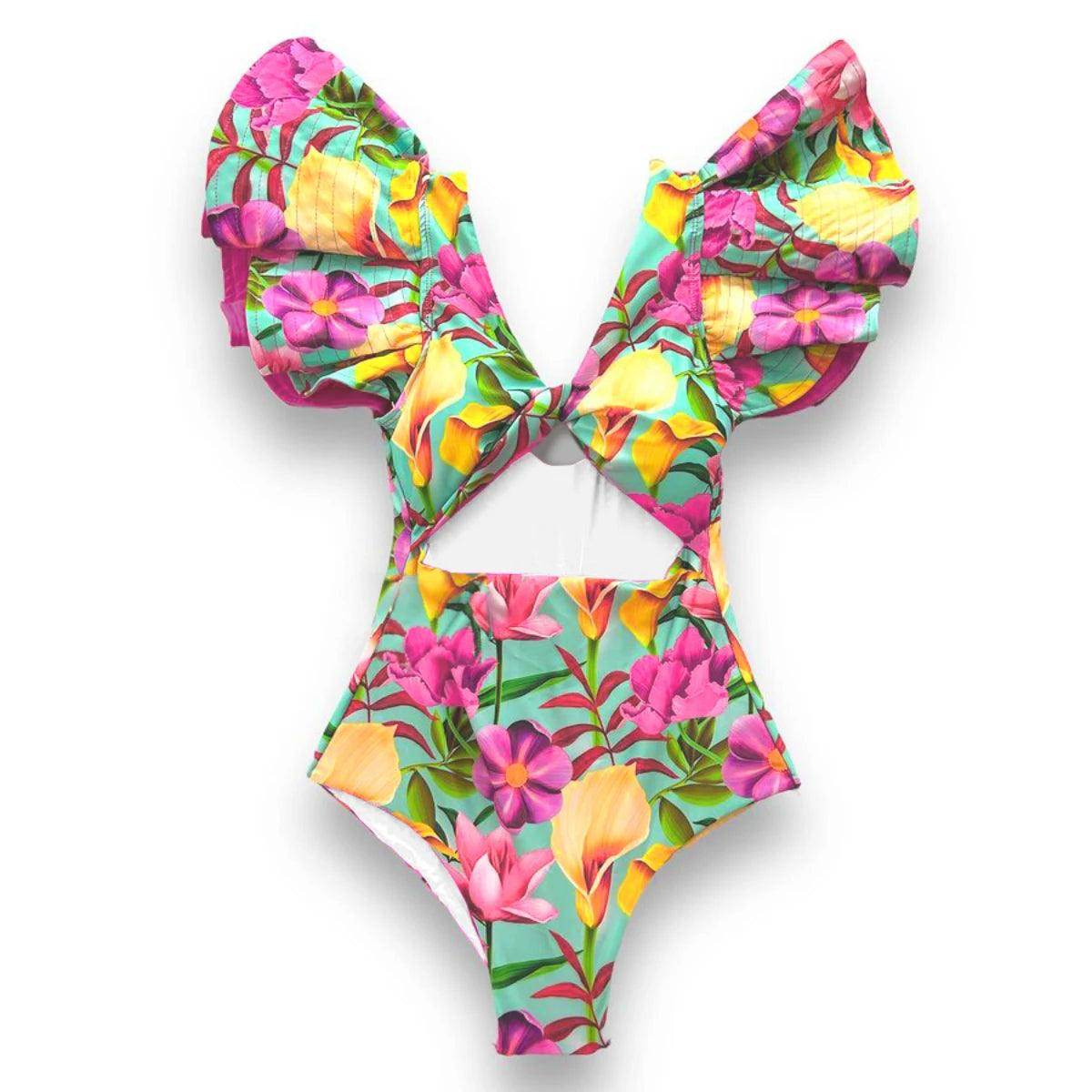 Ruffle Print Floral One Piece Slimming Swimwear - VacationGrabs