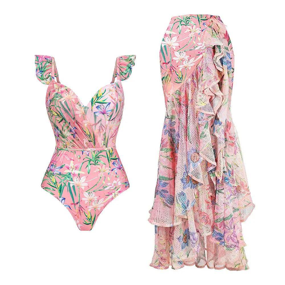 Vintage Floral One Piece Swimwear +Wrap - VacationGrabs