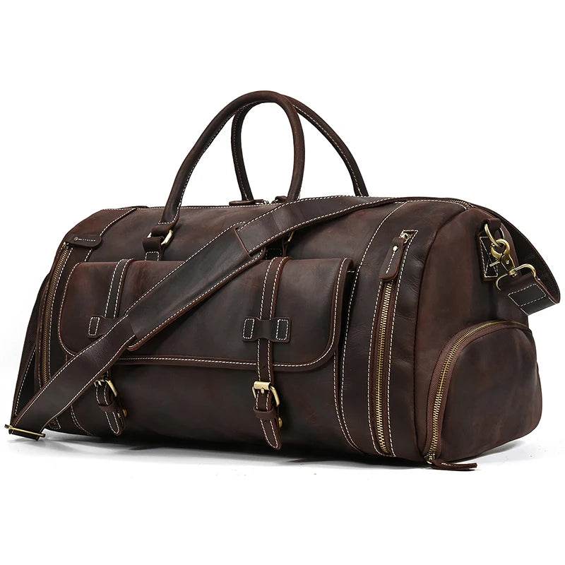 Genuine Leather Travel Duffel Bag High-Capacity wShoe Compartment - VacationGrabs