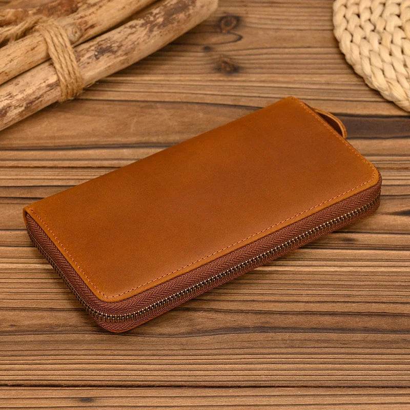 Vintage Men’s Crazy Horse Leather Single Zip Long Wallet for Phone - VacationGrabs