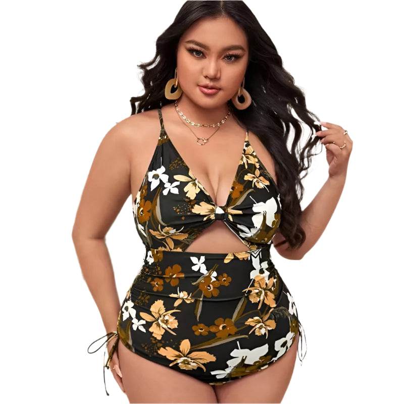 Plus Size Floral Cutout Drawstring Swimsuit - VacationGrabs