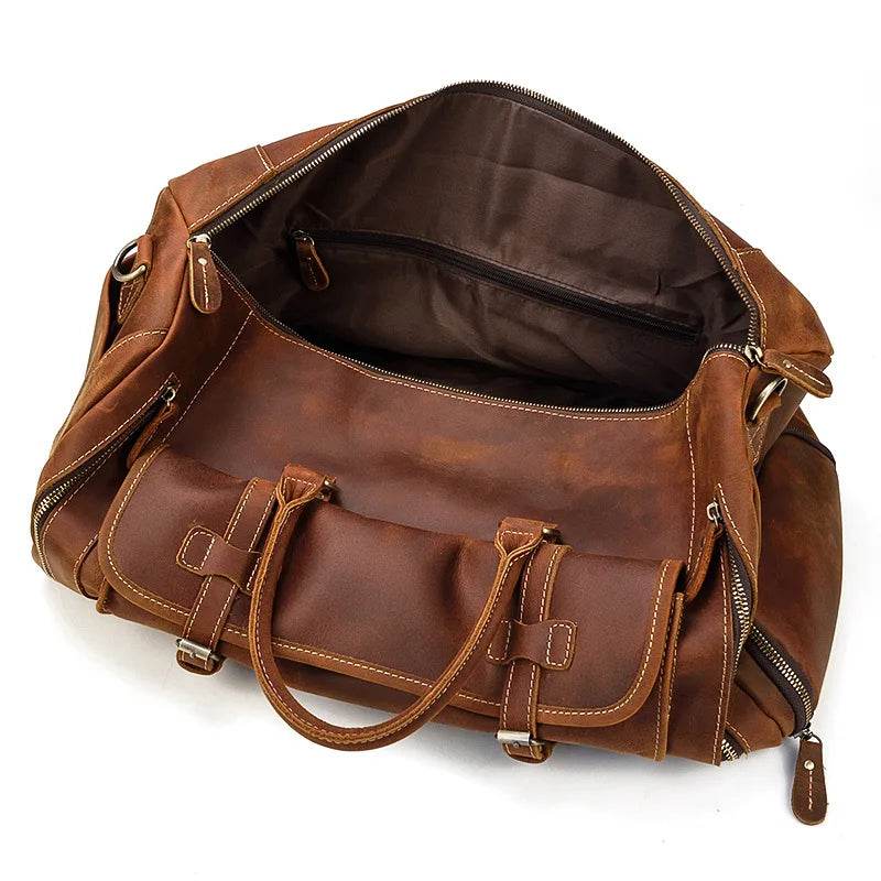 Mens Leather Shoulder Duffel Bag, Shoe Compartment, Removable Strap - VacationGrabs