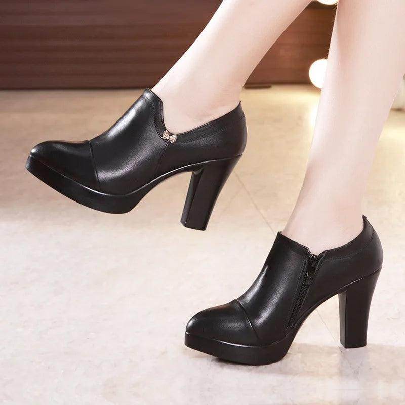 Black Block Heels Platform Pumps Women's Trouser Heels - VacationGrabs