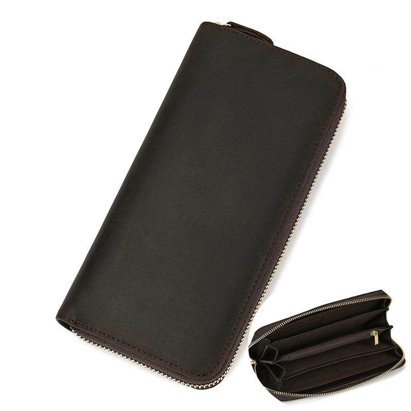 Vintage Men’s Crazy Horse Leather Single Zip Long Wallet for Phone - VacationGrabs