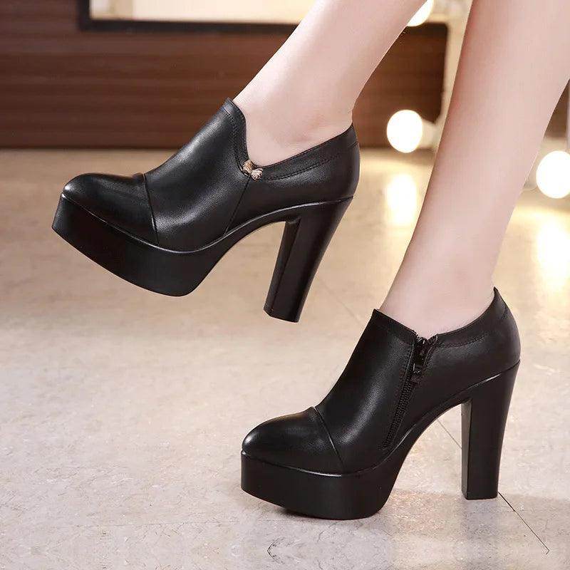 Black Block Heels Platform Pumps Women's Trouser Heels - VacationGrabs