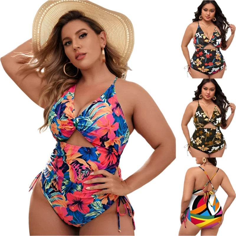 Plus Size Floral Cutout Drawstring Swimsuit - VacationGrabs