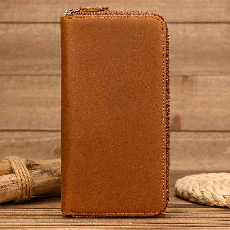 Vintage Men’s Crazy Horse Leather Single Zip Long Wallet for Phone - VacationGrabs