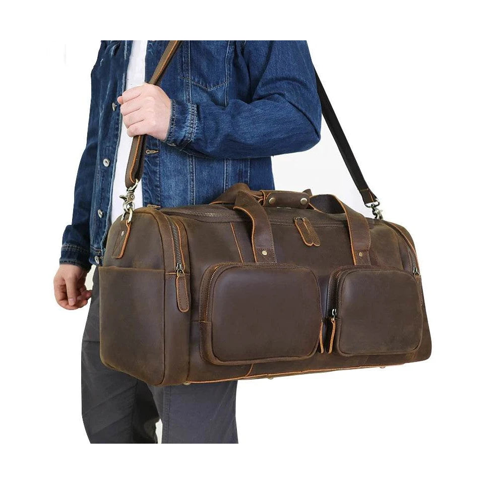 Super Large 62cm Men's Leather Duffel Travel Bag – Vintage Style - VacationGrabs