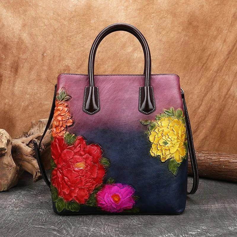 Handmade Floral Embossed Leather Handbag Tote Bag Luxury - VacationGrabs