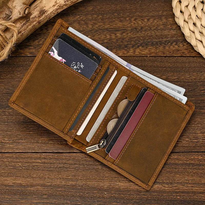 Genuine Leather Short Wallet for Credit Cards & Sim Cards with Zipper - VacationGrabs