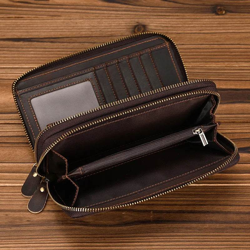 Retro Real Leather Wallet for Men Business Casual with Double Zipper - VacationGrabs
