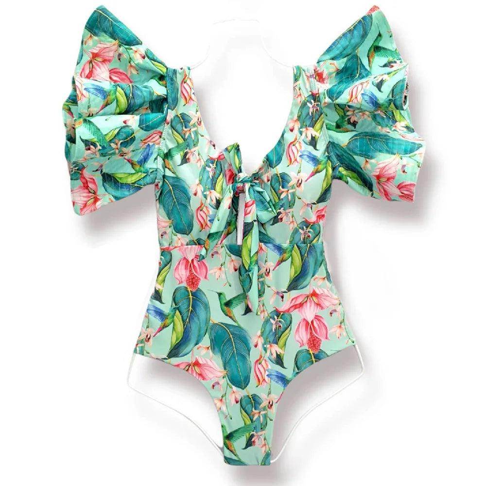 Women's Ruffle Sleeve Deep-V Bathing Suit - VacationGrabs