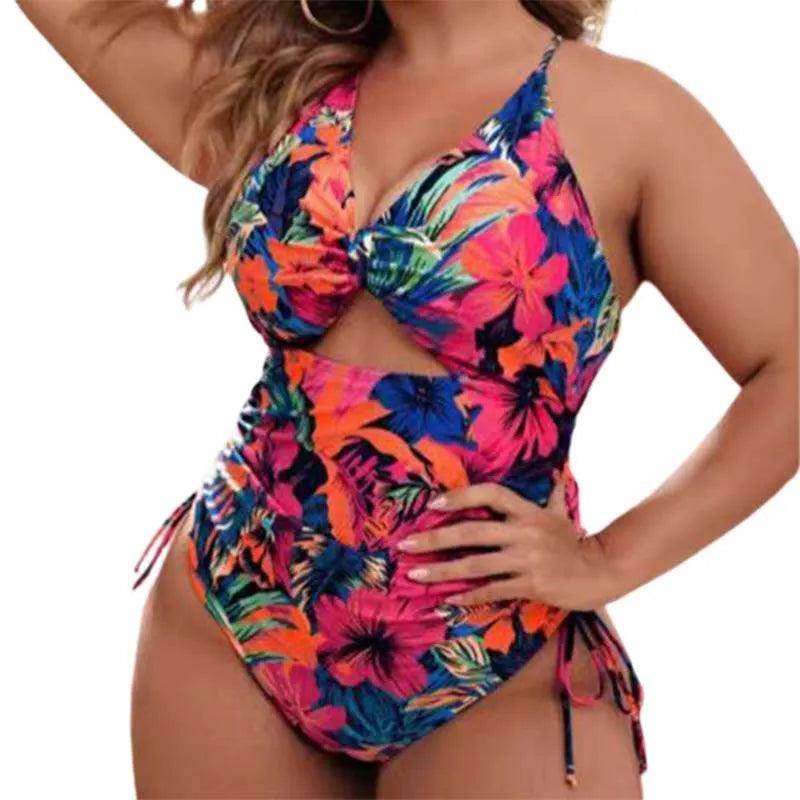 Plus Size Floral Cutout Drawstring Swimsuit - VacationGrabs