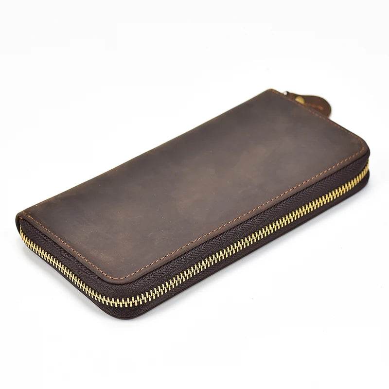 Vintage Men’s Crazy Horse Leather Single Zip Long Wallet for Phone - VacationGrabs