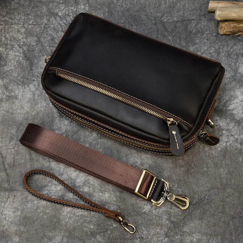 Genuine Leather Clutch Bag for Men Crazy Horse Leather Day Clutch with Wrist Strap - VacationGrabs