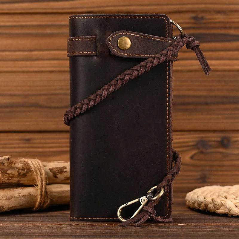 Genuine Leather Long Wallet with Wrist Belt Strap Chain Wallet Gift - VacationGrabs