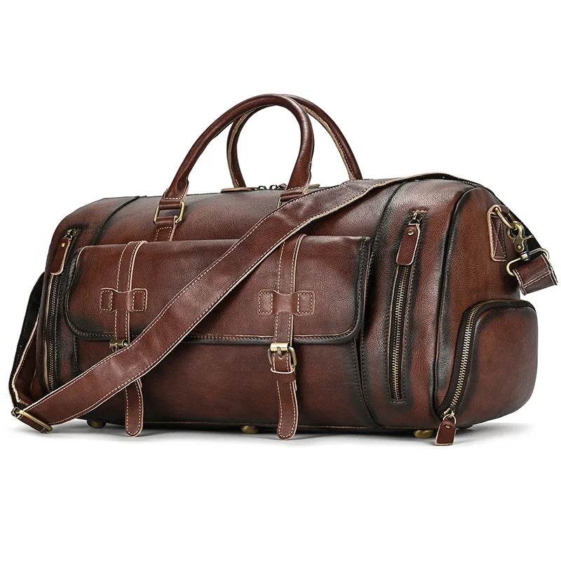 Mens Leather Shoulder Duffel Bag, Shoe Compartment, Removable Strap - VacationGrabs