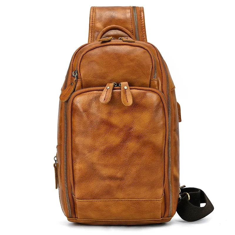 Soft Cowhide Men's Chest Bag Crossbody USB Sling Outdoor Pack - VacationGrabs