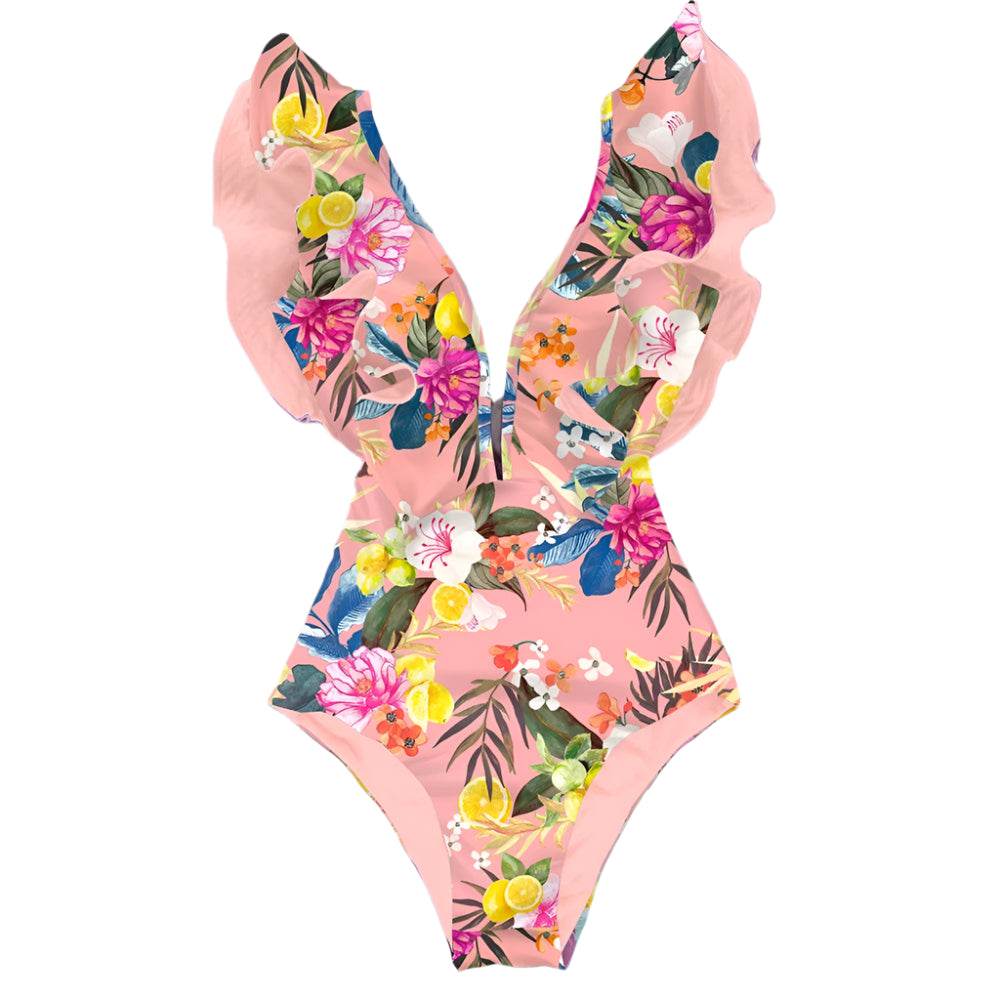 Ruffle Print Floral One Piece Slimming Swimwear - VacationGrabs