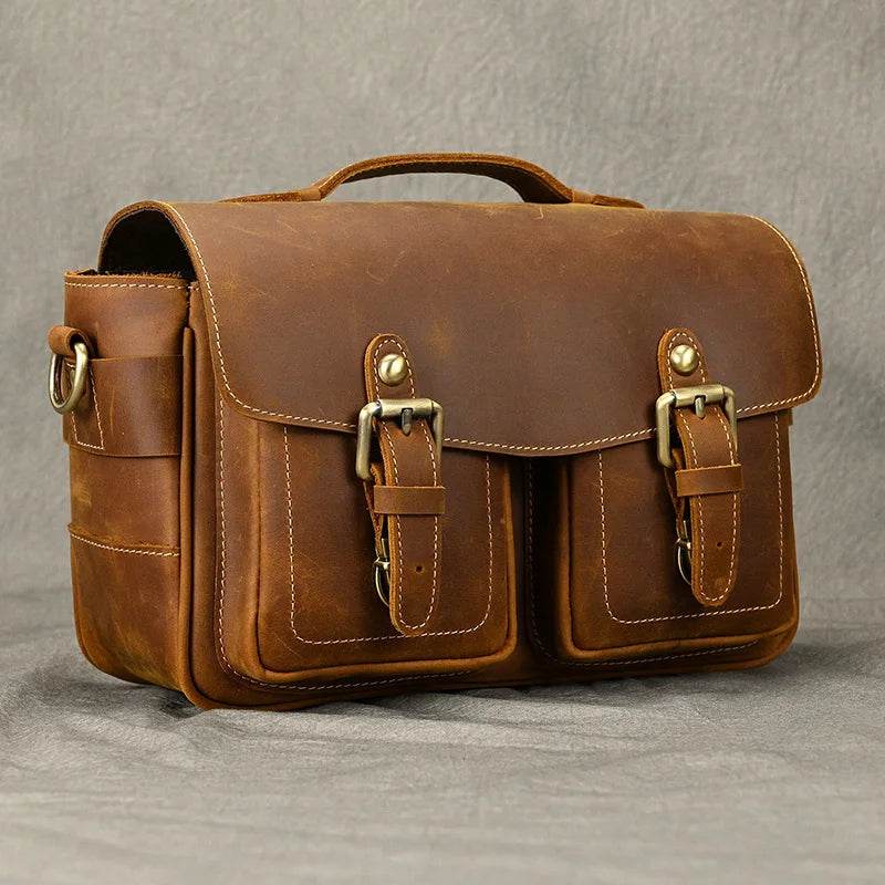 Vintage Crazy Horse Leather Messenger Bag for Men Crossbody Bag - VacationGrabs