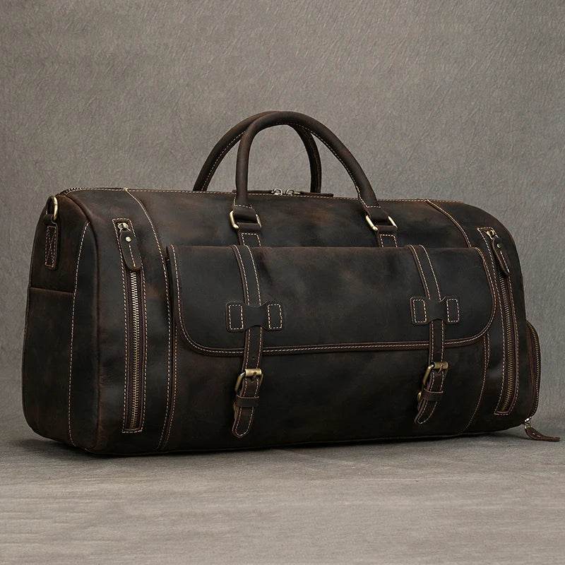Large Travel Bag Genuine Leather Vintage Luggage Weekender Bags - VacationGrabs