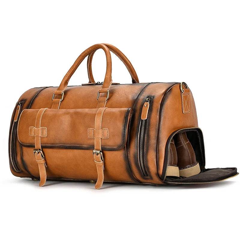 Mens Leather Shoulder Duffel Bag, Shoe Compartment, Removable Strap - VacationGrabs