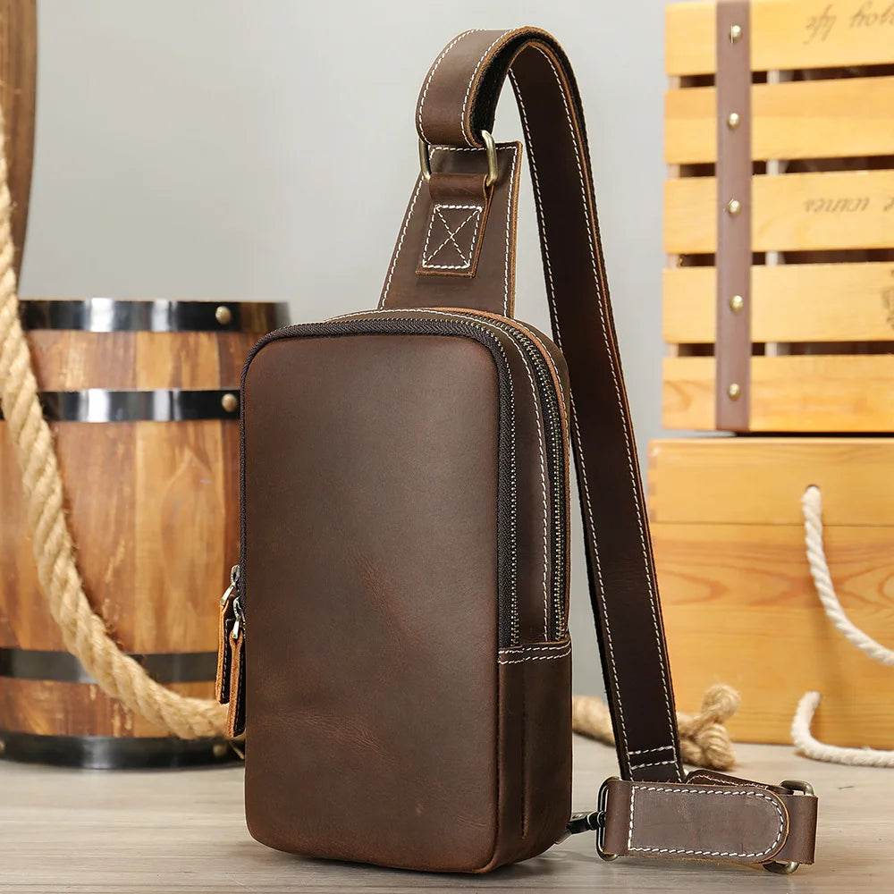 Thick Leather Chest Bag Real Cowhide Small Crossbody Sling Bag Men - VacationGrabs