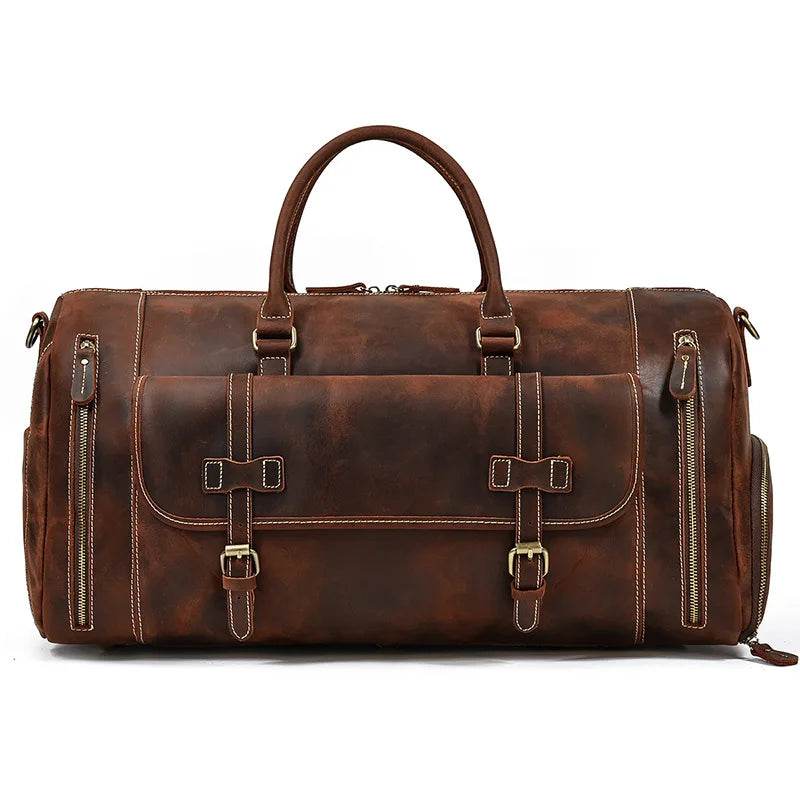 Mens Leather Shoulder Duffel Bag, Shoe Compartment, Removable Strap - VacationGrabs
